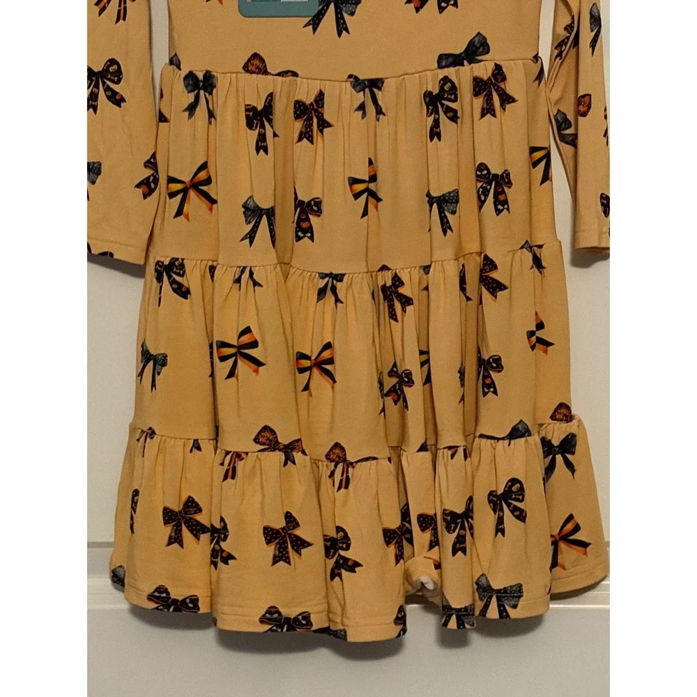 Minikin Mischief Girls 3T Yellow Bow Print Bamboo Viscose Tiered Twirl Dress NWT